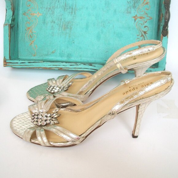 Kate Spade NY Gold Leather Strappy High Heel Good Fortune Sandals 9.5M - Picture 7 of 10